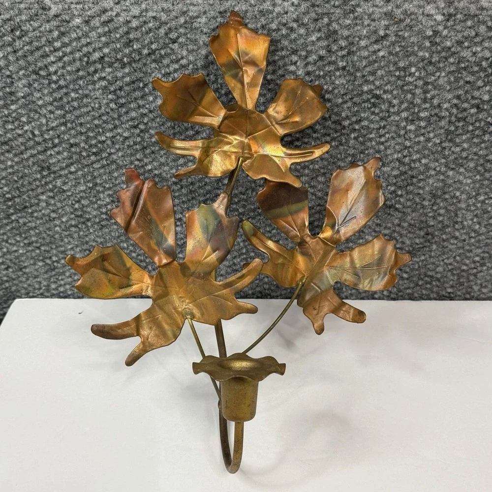 VINTAGE BRASS COPPER MAPLE LEAF SCONCE CANDLE HOLDER MCM